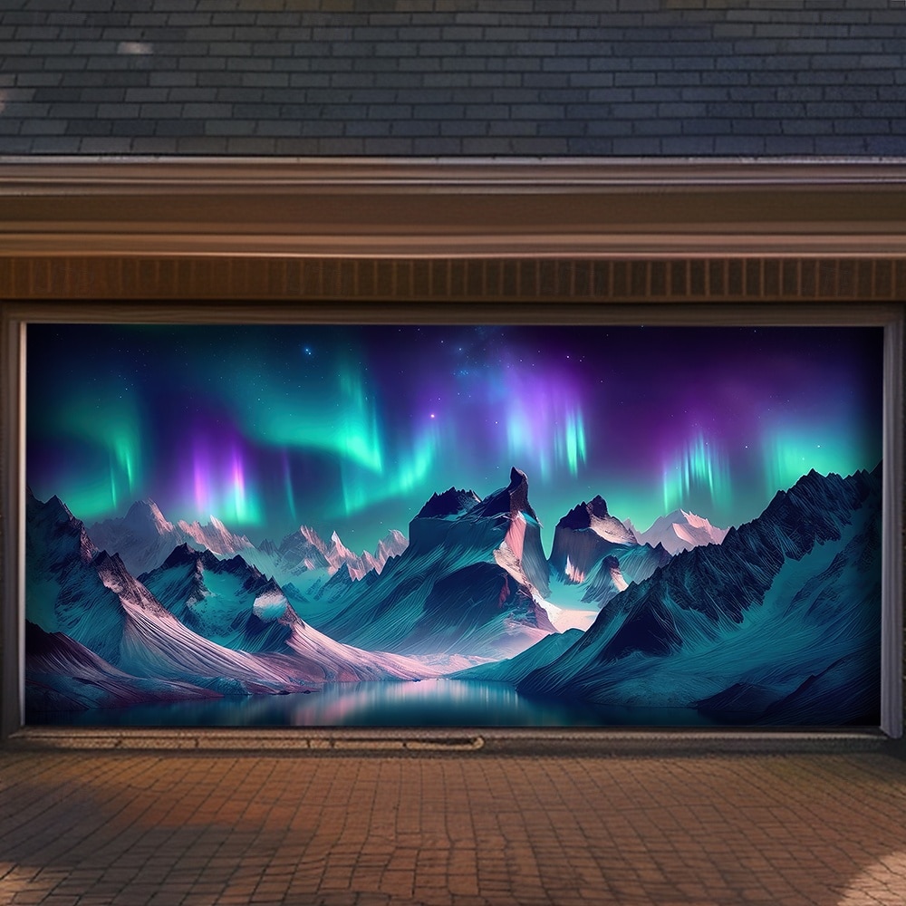 Northern Lights Aurora Borealis Winter Mountain Snowy Pine Forest Starry Night Sky Frozen River Garage Door Banner Outdoor Wall Decor Holiday Mural Christmas Decoration Backdrop 2026 - $49.99 –P4