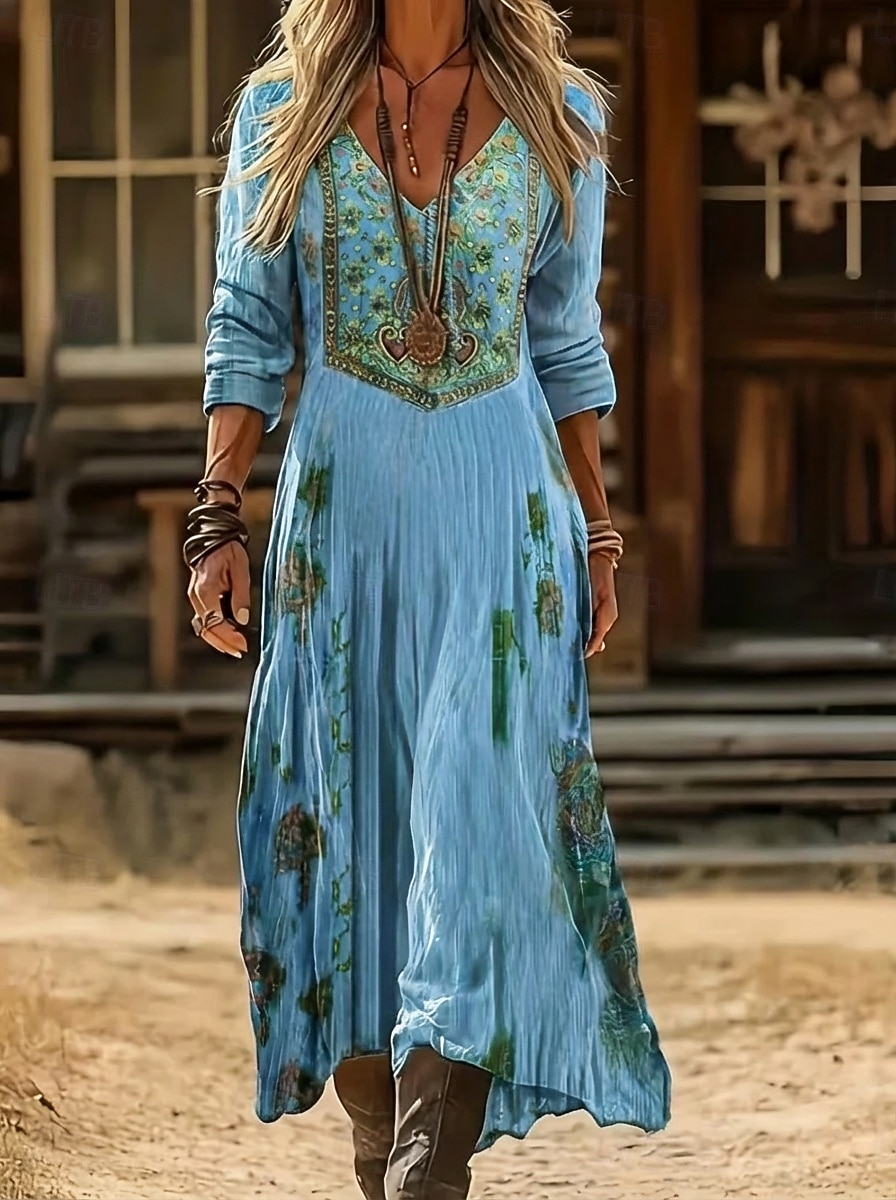 Damskie Sukienka midi Sukienka Boho Zabytkowa sukienka Codzienne sukienki Moda Klasyczny Nowoczesny Codzienny Na zewnątrz Urlop Regularny Kwiaty Długi rękaw W serek Niebieski Czerwony Granatowy 2026 - $37.99 –P8