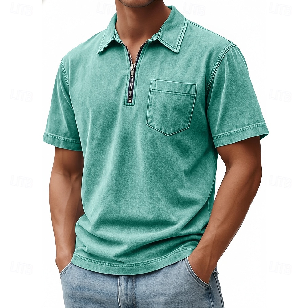 SoftFade™ Miesten Vetoketjullinen Polo 100% Puuvillaa Happopesu Paita Rentoa Päivittäinen Käyttö Neljännes Vetoketju Lyhythihainen Muoti Perus Yksinkertainen Denim Tasku Haalistunut Kesä Kevät 2026 - $31.99 –P6