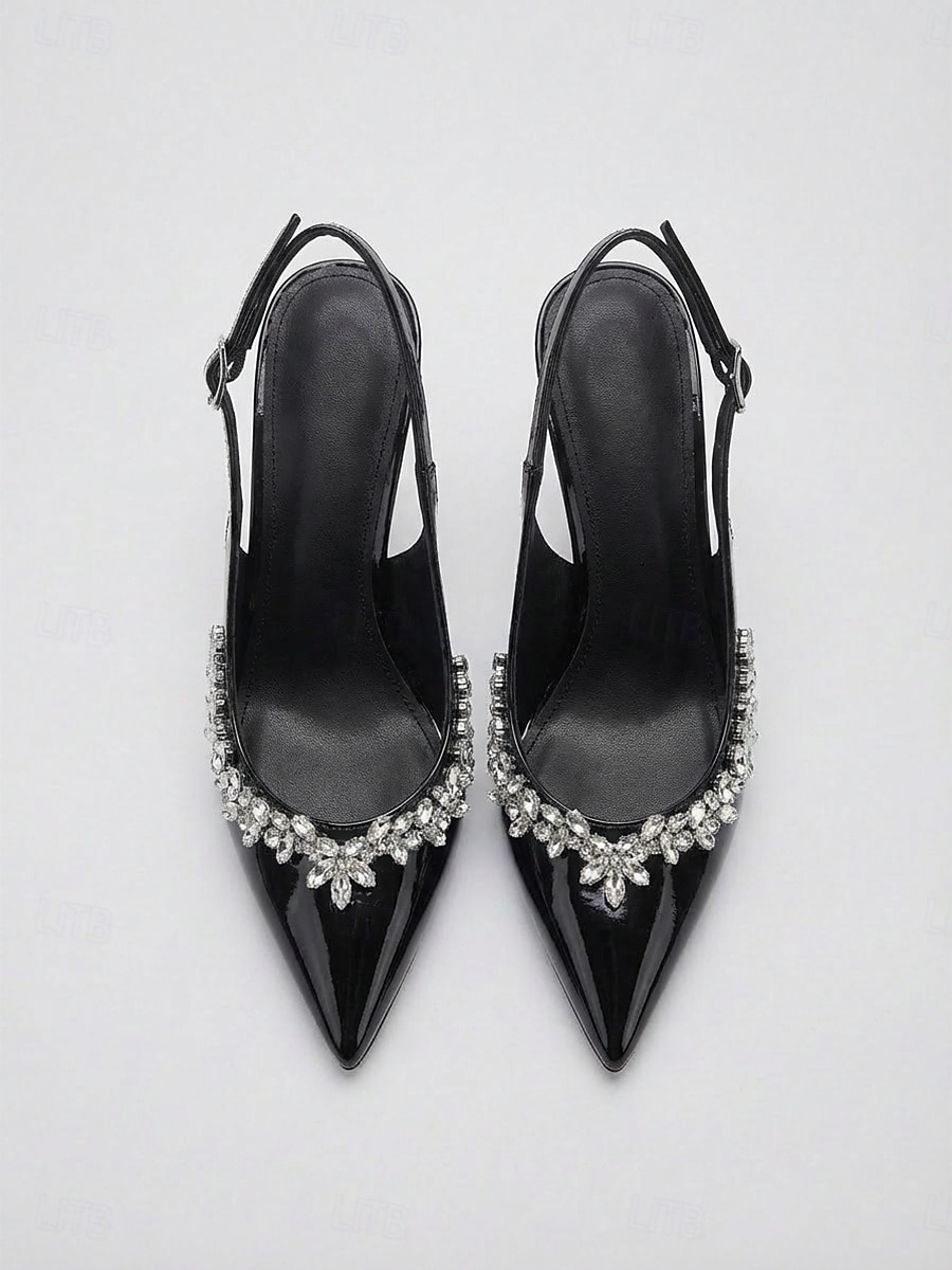 Women's Chic Black Patent Pointed Toe Slingback Pumps -  Stiletto Heels with Crystal Embellishments for Daily Office, Business Casual & Elegant Evening Outings 2026 - $34.99 –P4