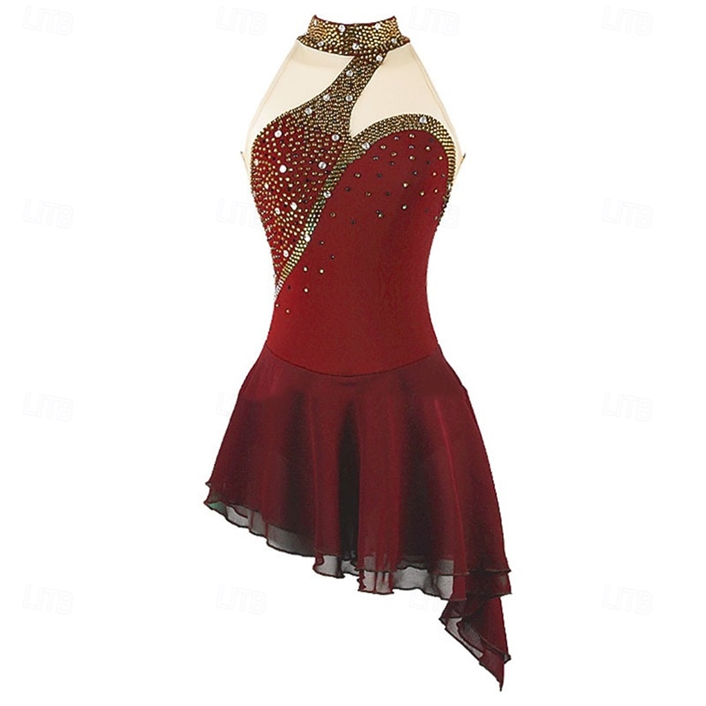 Figure Skating Dress Girls' Ice Skating Dress Violet Navy Black Patchwork Asymmetric Hem Stretchy Training Competition Skating Wear Classic Crystal / Rhinestone Sleeveless Ice Skating Figure Skating 2026 - $199.99 –P5