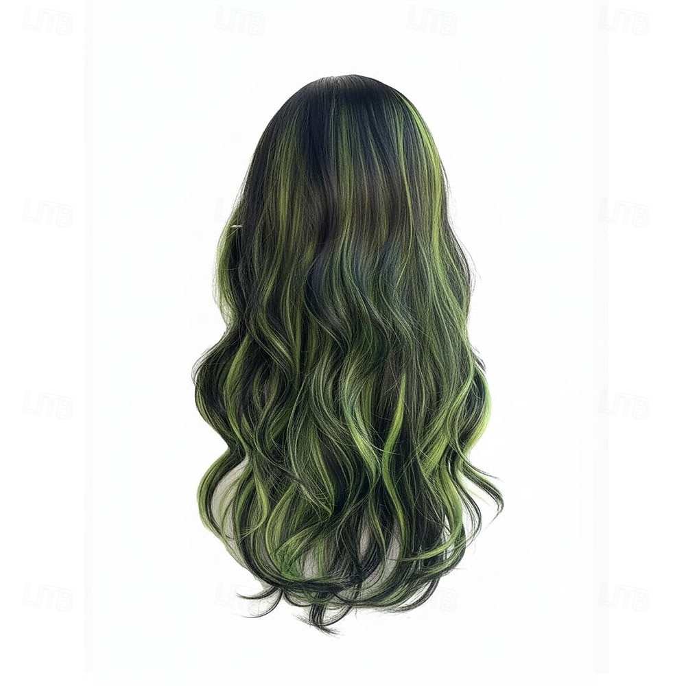 Peruca longa ondulada com franja, em tom preto natural com mechas verdes. &Peruca sintética gótica lolita para cosplay, com risca ao meio e resistente ao calor, ideal para uso diário e festivais. de 2026 por $30.99 –P4