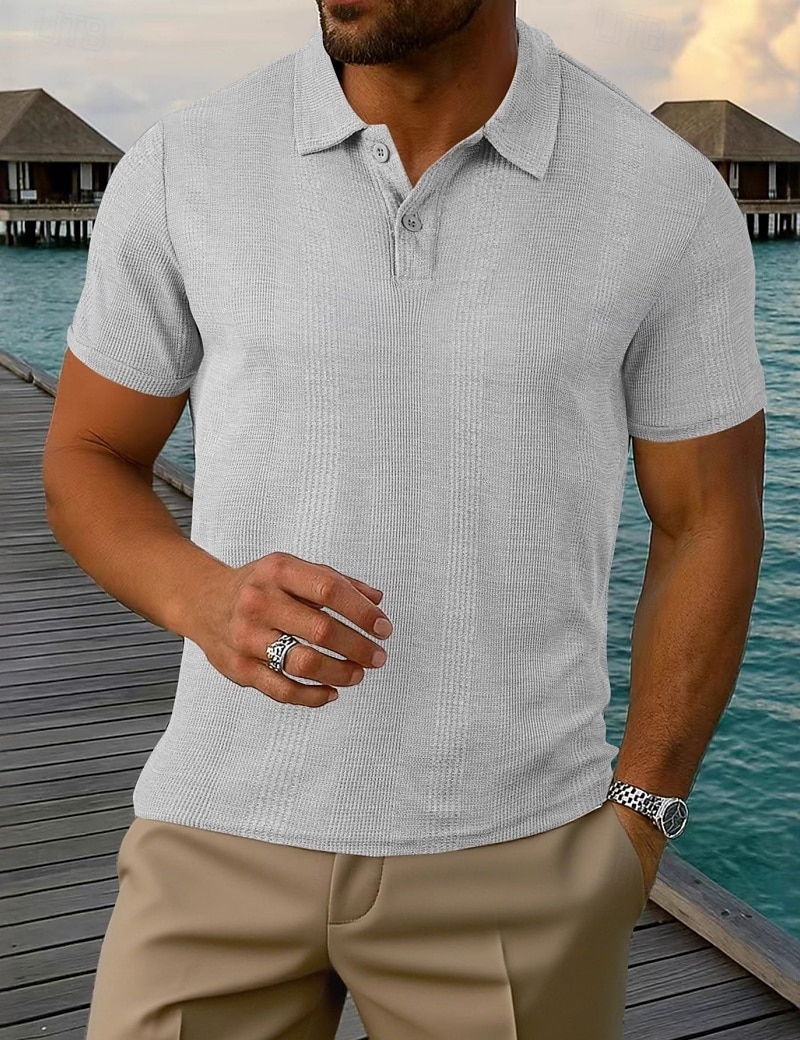Homme Polo Texturé Occasionnel Rue Revers Manche Courte Basique Moderne Uni Rayures Boutons Tricot Été Printemps Coupe régulière Noir Blanche Rouge Bordeaux Gris Claire Abricot Bleu clair Polo de 2026 ? $17.99 –P5