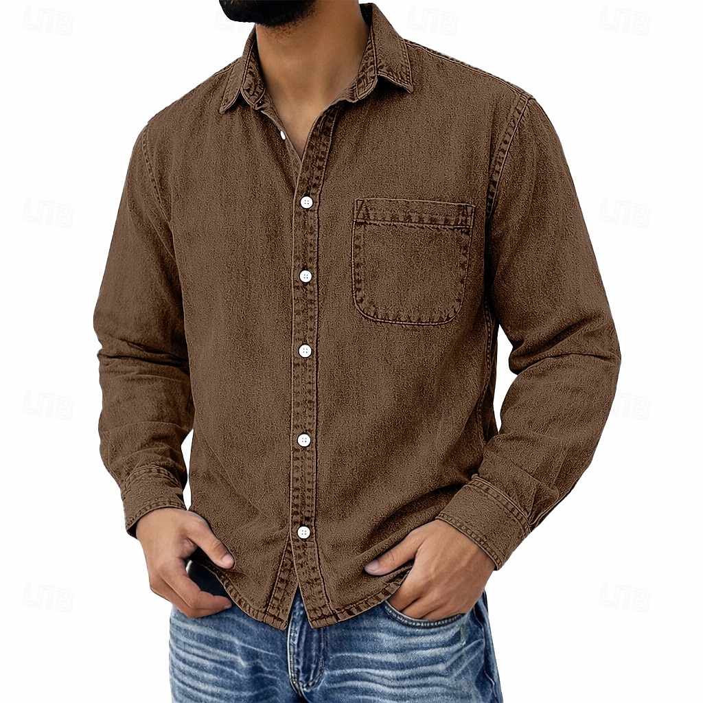 Men's Shirt Casual Shirt Vintage Shirt Button Up Shirt 100% Cotton Acid Wash Shirt Blue Black Light Green Wine Navy Blue Long Sleeve Plain Lapel Streetwear Going out Pocket Clothing Apparel Cotton 2026 - $31.99 –P8