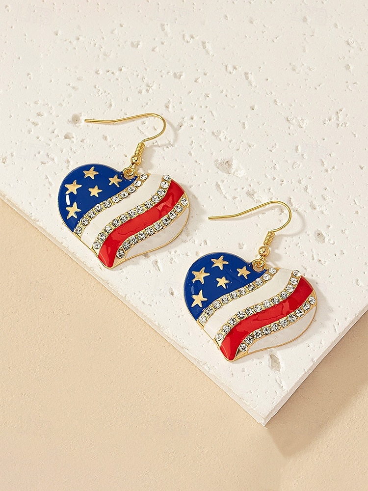 Set colier și cercei din aliaj pentru femei, modele cu inimioare și stele în mai multe stiluri, bijuterii patriotice, perfecte pentru aniversarea a 250 de ani de la SUA, Ziua Independenței și ținute casual de zi cu zi. 2026 - $11.99 –P10