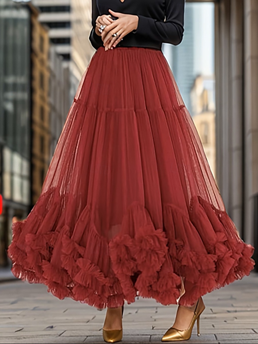 Women's Vacation Skirt Elegant Fashion Cute Casual Maxi Mid Rise Skirts Plain Elastic Waist Layered Mesh Micro-elastic Daily Vacation Apricot Black Pink Wine Summer 2026 - $29.99 –P1