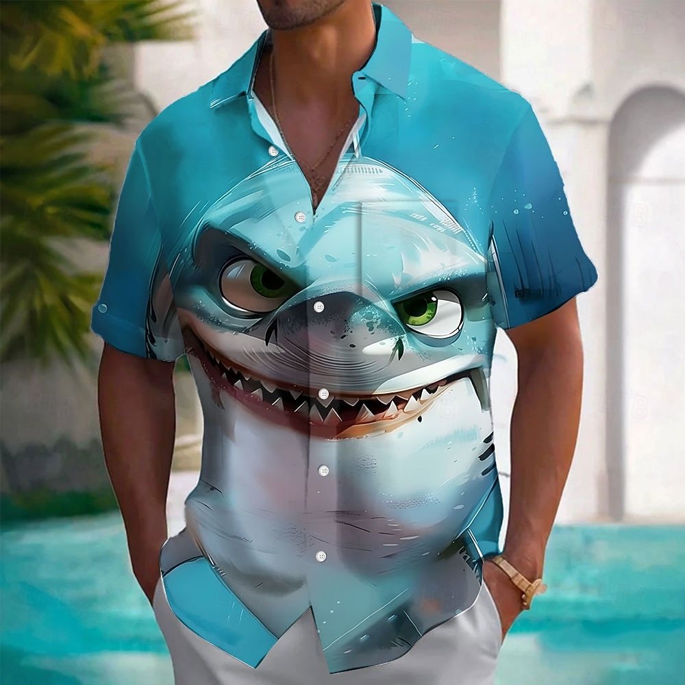 Voor heren dier Haai Grappig Hawaiiaans overhemd Overhemd met knopen Aloha-shirt Korte mouw Hawaii Vakantie Zomer Lente Strijkijzer 3D-afdrukken shirts met kraag Voorste zak blauw Khaki 2026 - $25.99 –P1