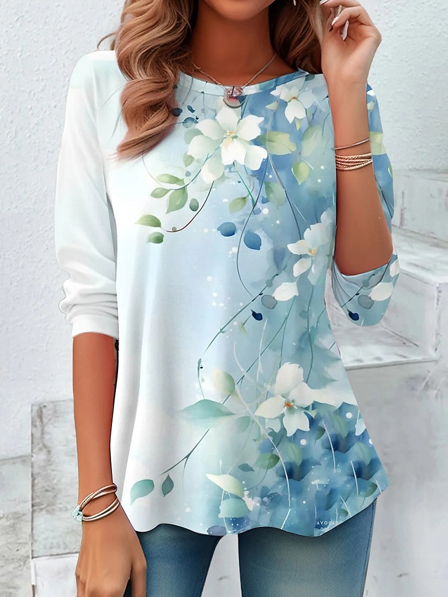 Per donna Maglietta Stampato Floreale Grafico Elegante Moderno Casual Manica Lunga Girocollo Top Regolari Quotidiano Weekend Abbigliamento da vacanza Blu Estate Primavera Autunno del 2026 a $19.99 –P1