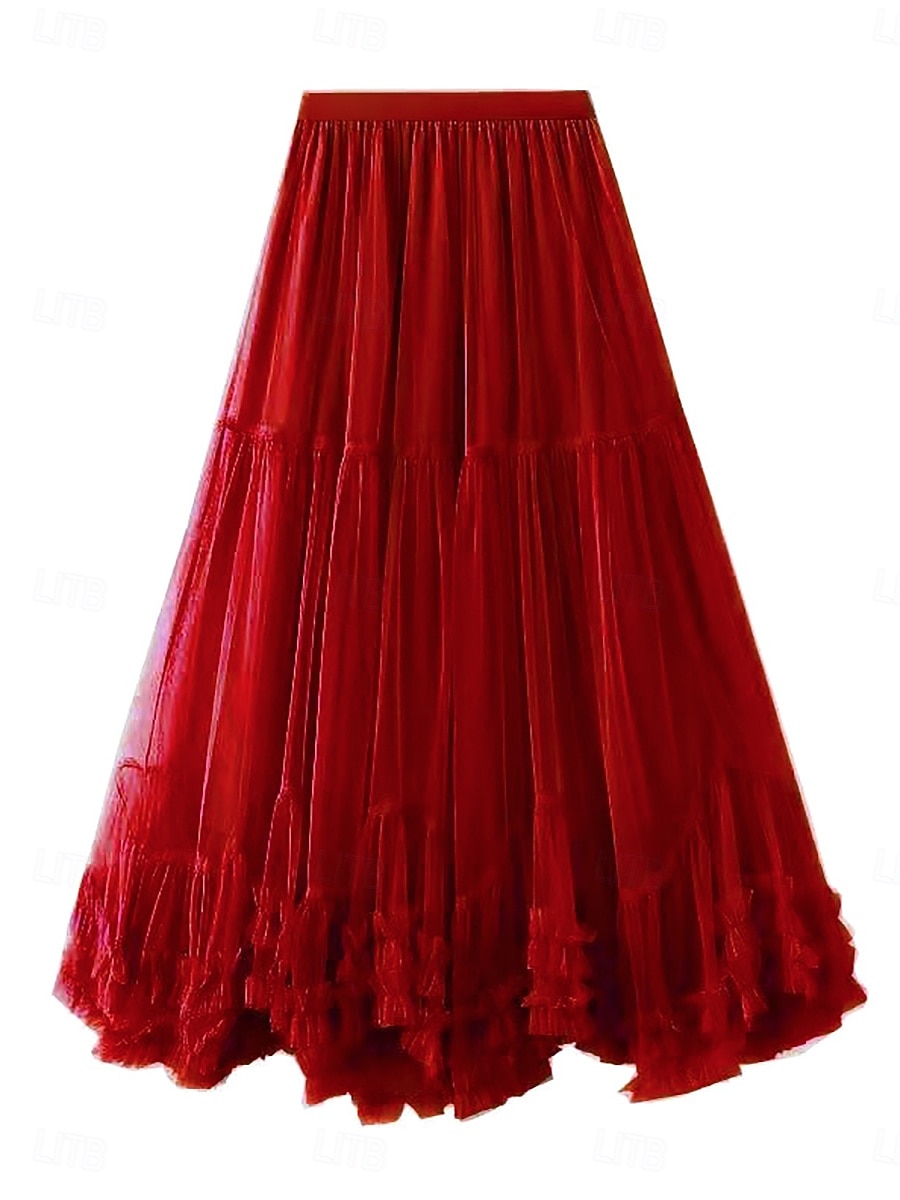 Women's Vacation Skirt Elegant Fashion Cute Casual Maxi Mid Rise Skirts Plain Elastic Waist Layered Mesh Micro-elastic Daily Vacation Apricot Black Pink Wine Summer 2026 - $29.99 –P2