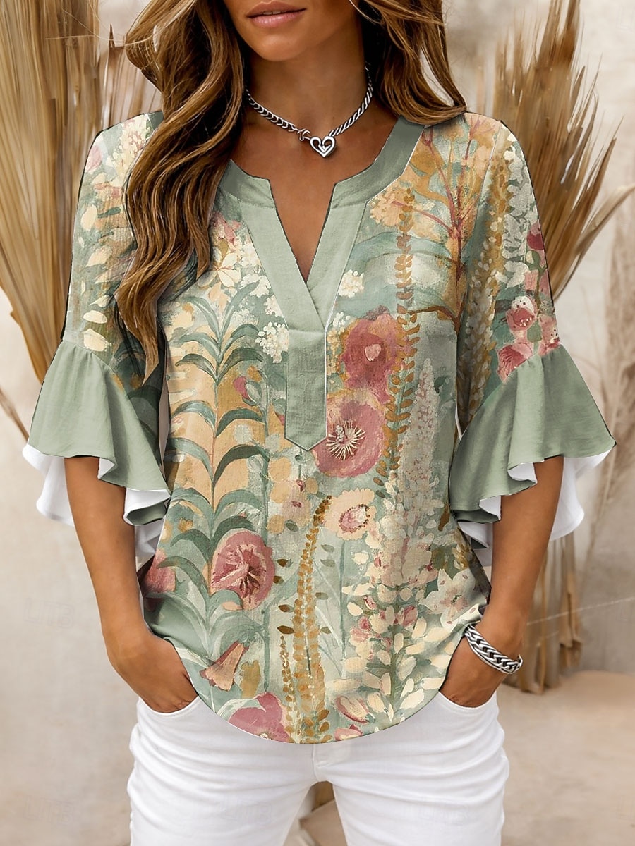 Per donna Blusa Volant Stampato Floreale Grafico Vintage Quotidiano Elegante Manica 3/4 Scollo a V Top Regolari Quotidiano Ferie Abbigliamento da vacanza Blu Giallo Rosa Verde Estate Primavera del 2026 a $32.99 –P1