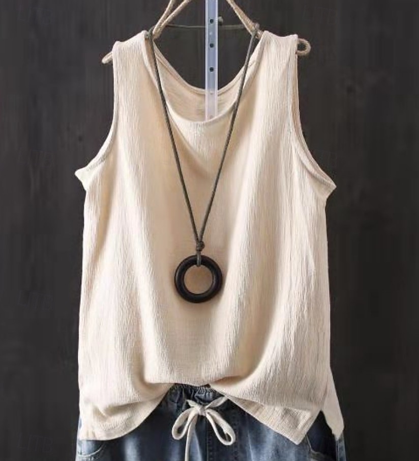 Per donna Finto cotone e lino Semplice Moda Elegante Classico Senza Maniche Manica Corta Girocollo Top Regolari Quotidiano Uscire Weekend Blu Nero Bianco Giallo Rosa Estate Primavera del 2026 a $34.99 –P5