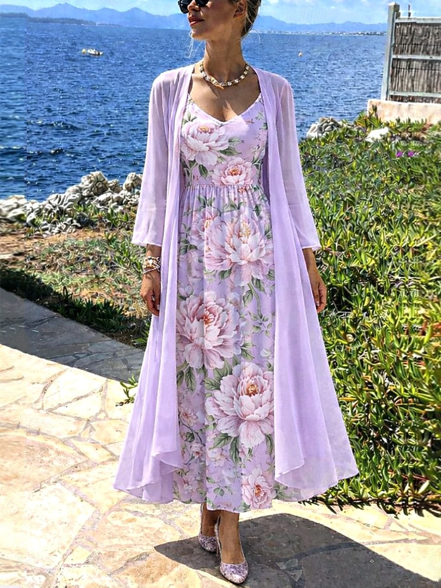 Femmes Robe Ensemble Robe trapèze Élégant Vacances Fleuri Graphique Superposé Imprimé Robe Midi Manche 3/4 Col en V Quotidien Vacances Bleu Vert Claire Rose Claire Été Printemps Coupe régulière de 2026 ? $51.99 –P3