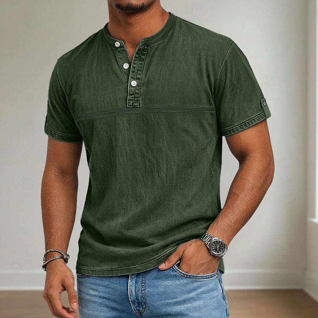 Men's Henley Shirt 100% Cotton Acid Wash Shirt Short Sleeve Henley Summer Spring Fall Plain Retro Vintage Casual Vintage Style Washed Casual Light Blue Dark Brown Black Top Tee for Men 2026 - $31.99 –P10