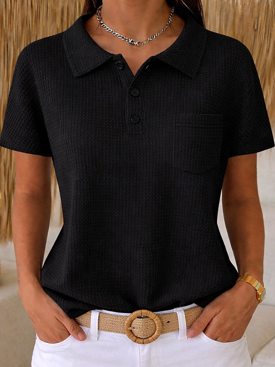 חולצת טוניקה ופל לנשים עם כפתורים חלקה וינטאג' מסוגננת קלאסית קצרה שרוולים צוואר עגול עליוניות ארוכות יומיות כחול ורוד כתום כחול בהיר קיץ אביב 2026 - $31.99 –P7