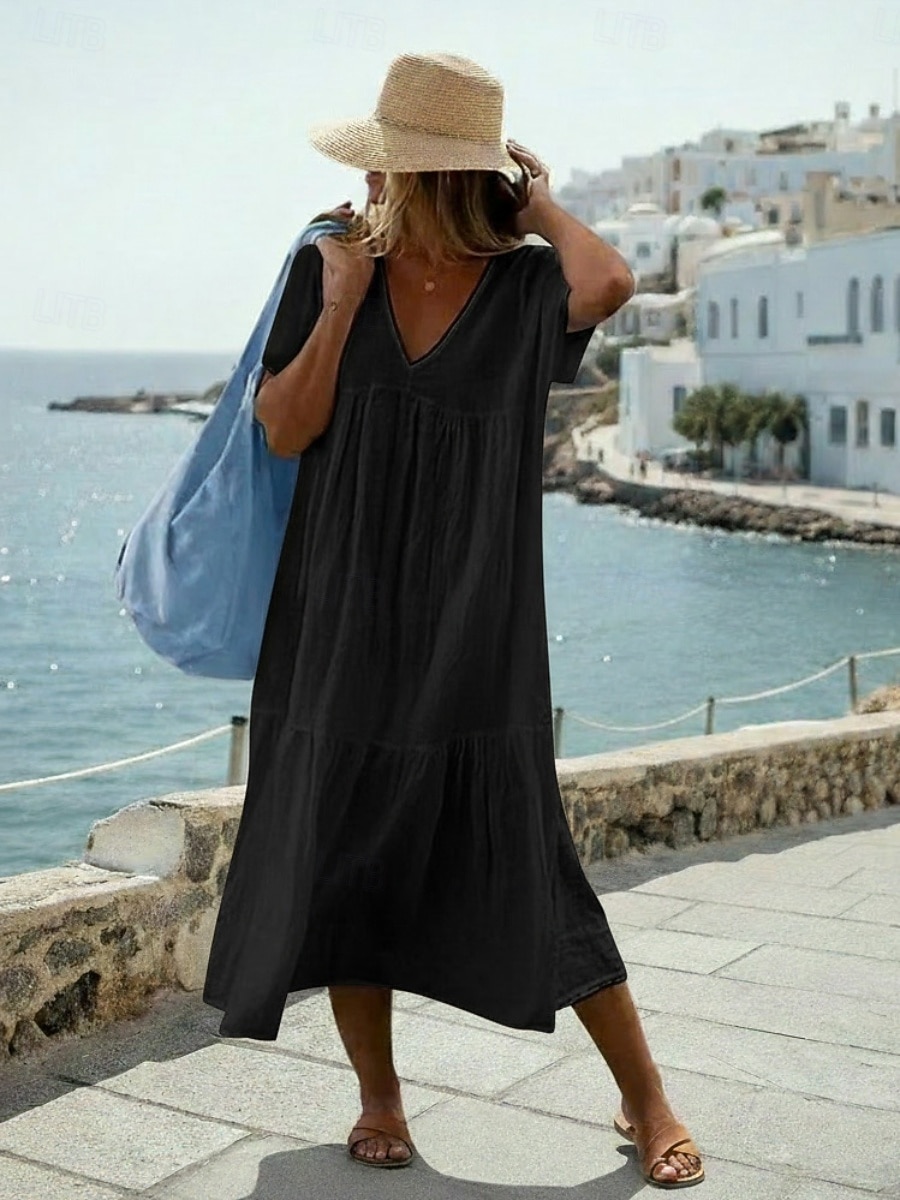Mujer Vestido Midi 100% Algodón Vestido de lino de algodón Moda Moderno Exterior Vacaciones Festivos Holgado Plano Manga Corta Escote en Pico Azul Piscina Negro Blanco Verde Claro Verano Primavera 2026 - $25.99 –P4