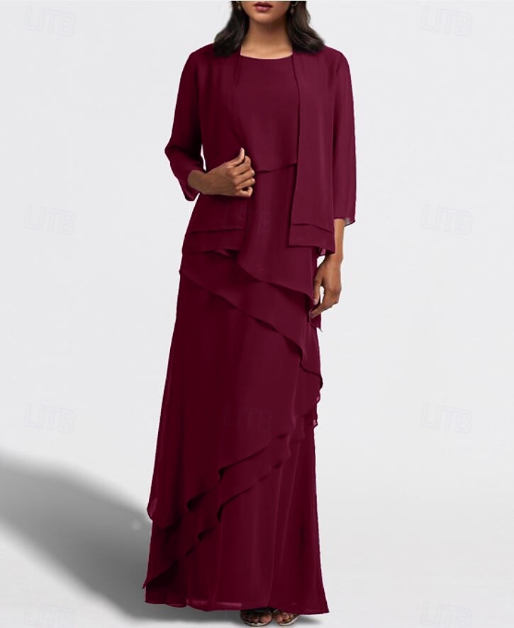 Tvådelad A-linje Golvlång Bröllopsgästklänning Klänning till brudens mor Ärmlös Prydd med juveler Elegant Bröllopsgäst Bröllopsfest Chiffong Sjal inkluderad med Fallande volanger Enfärgat 2026 - $153.99 –P4