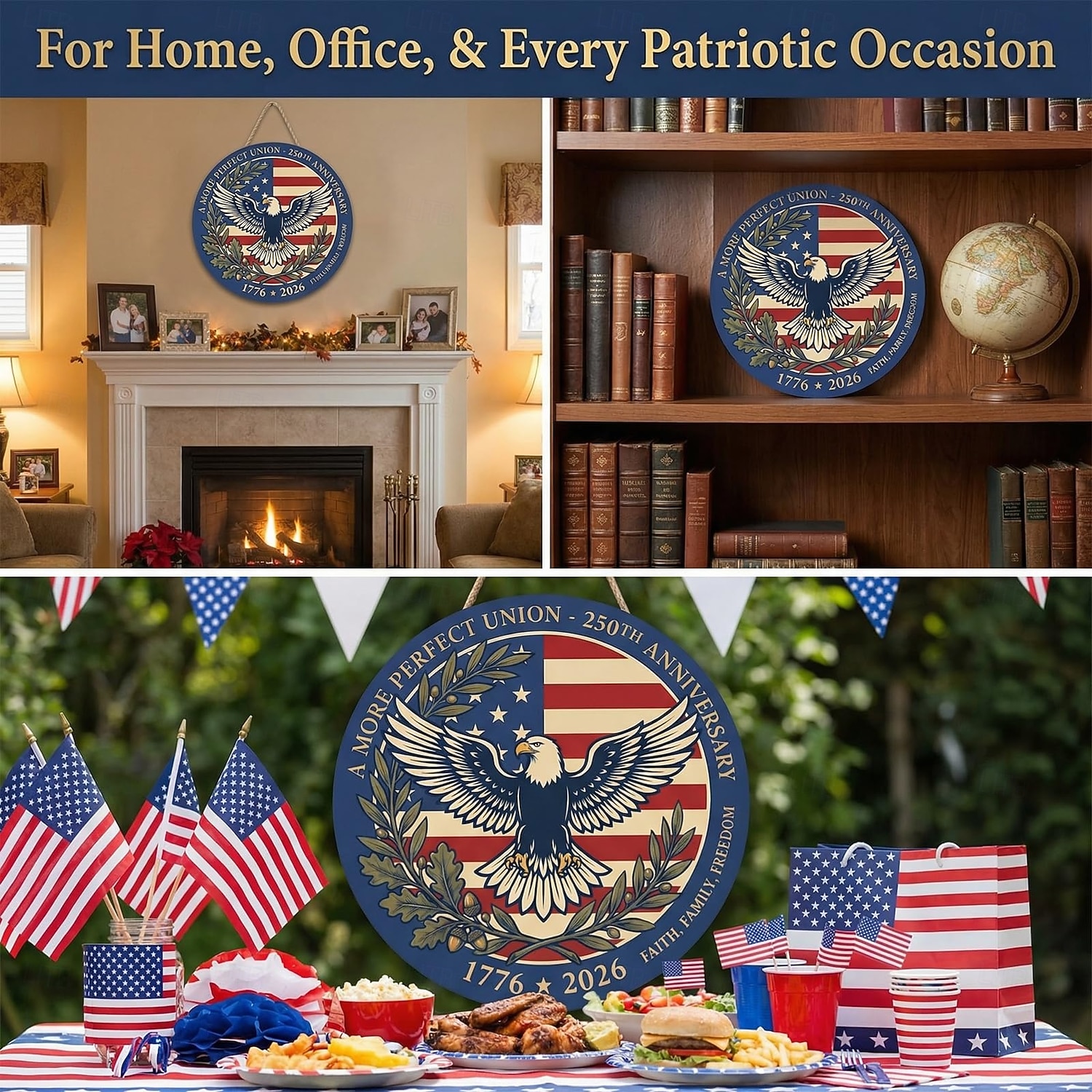 Az USA 250. évfordulójára készült fa ajtótábla – 30 cm-es kerek, fából készült tornácdísz kopasz sassal és zászlóval, hazafias július 4-i dekoráció, 1776–2026 közötti függetlenség napja 2026 - $12.99 –P4