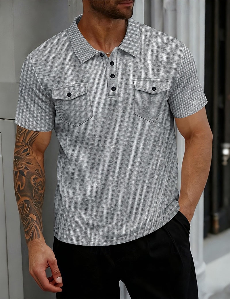 Męskie Koszulki polo waflowe Gra polo Codzienny Urlop Klapa Krótki rękaw Moda Nowoczesny Równina Guziki Przednia kieszeń Lato Wiosna Regularny Głęboka zieleń Czarny Biały Wino Khaki Szary Koszulki 2026 - $22.99 –P7