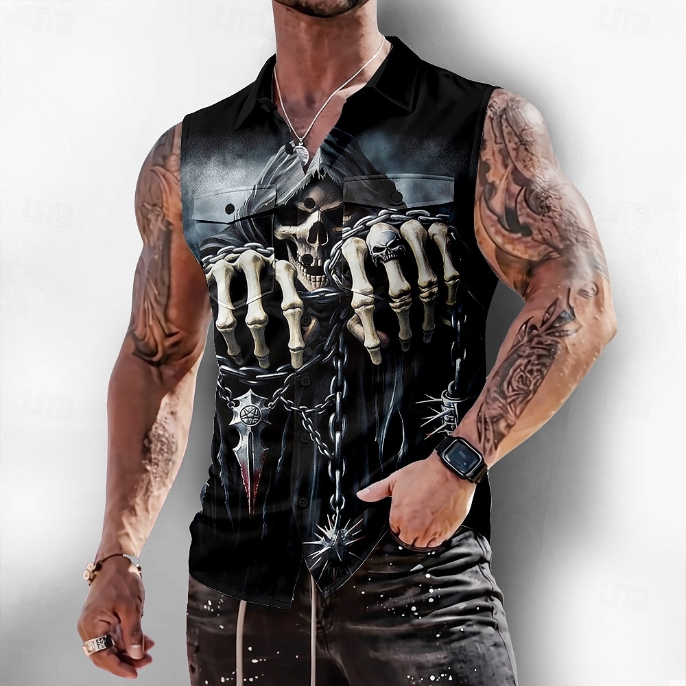 Hombre La muerte Calavera Horror Camisa Abotonar la camisa Camisa sin mangas Sin Mangas Estilo gótico oscuro Exterior Casual Verano Primavera Cuello Vuelto Impresión 3D Dos bolsillos delanteros Azul 2026 - $25.99 –P1