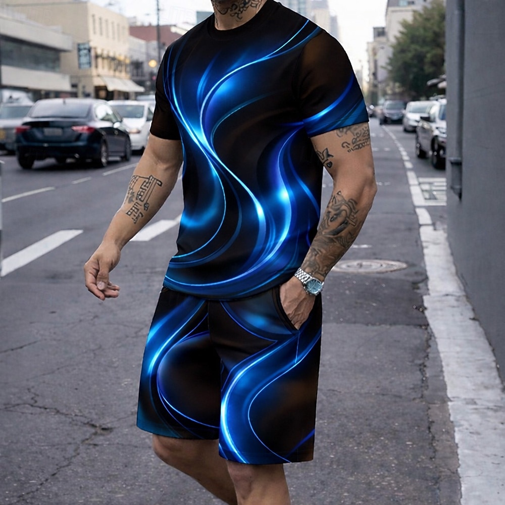 Hombre Geométrico Línea 2 piezas Conjuntos de camisetas Tops de verano Manga Corta Pantalones cortos Cuello Barco Casual De moda Diario Exterior Vacaciones Impresión 3D Verano Azul Piscina Rojo Marrón 2026 - $28.99 –P3