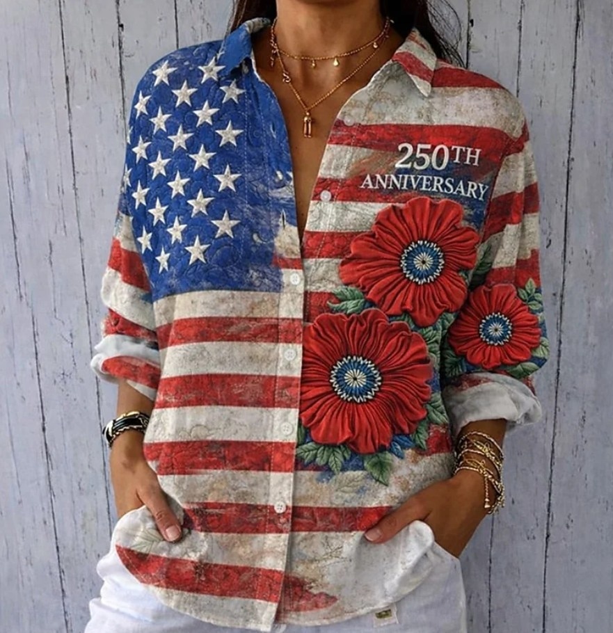 Giorno dell'Indipendenza americana T-shirt da donna bottoni stampa grafica anniversario dell'America vintage elegante moderna a manica lunga colletto regolari top quotidiani blu nero rosso rosso blu del 2026 a $32.99 –P3