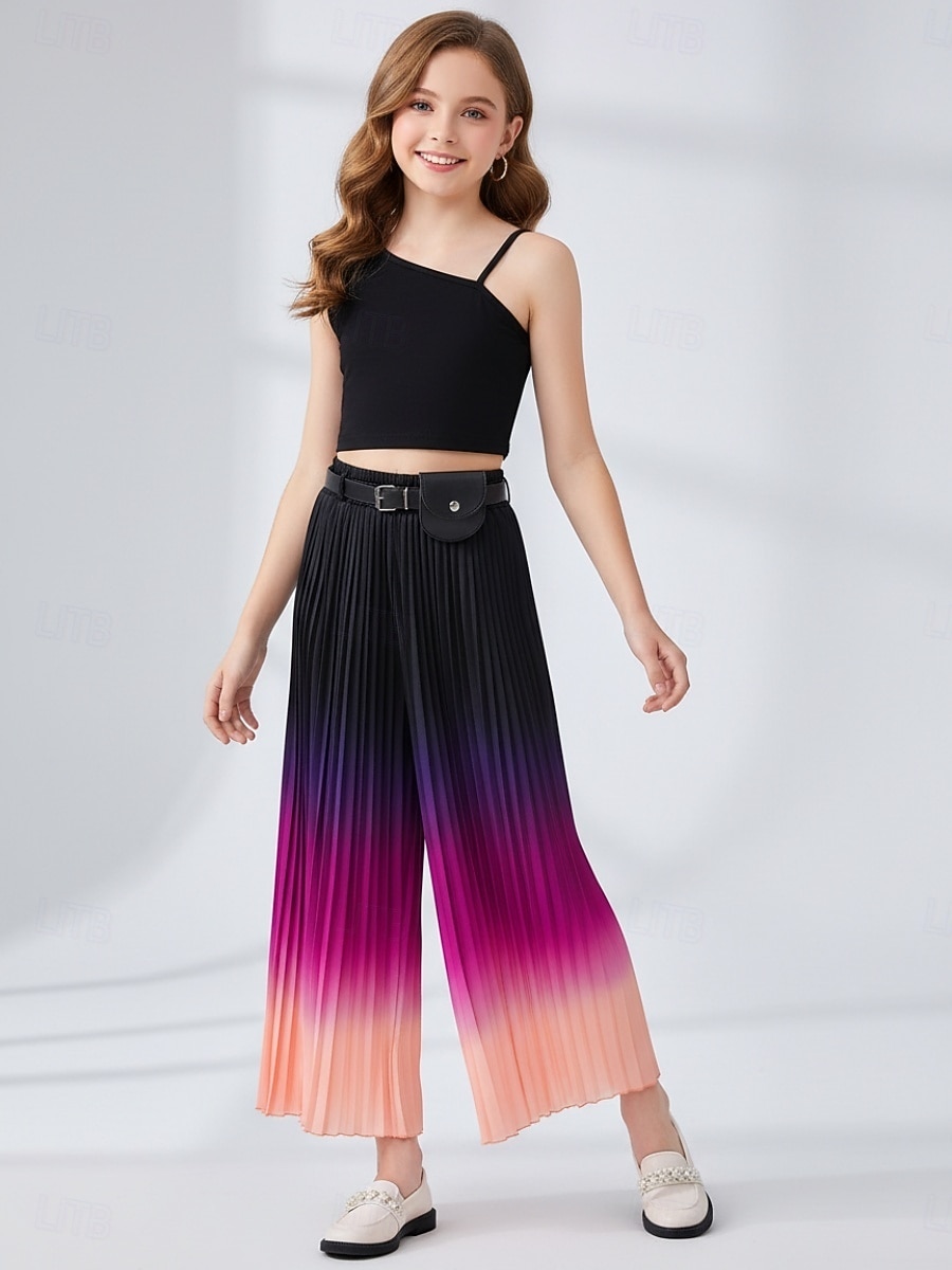 2 Piezas Niños Chica Degradado Frunce Tanque y pantalones Conjunto Sin Mangas Deportes Casual 7-13 años Verano Negro 2026 - $36.99 –P3