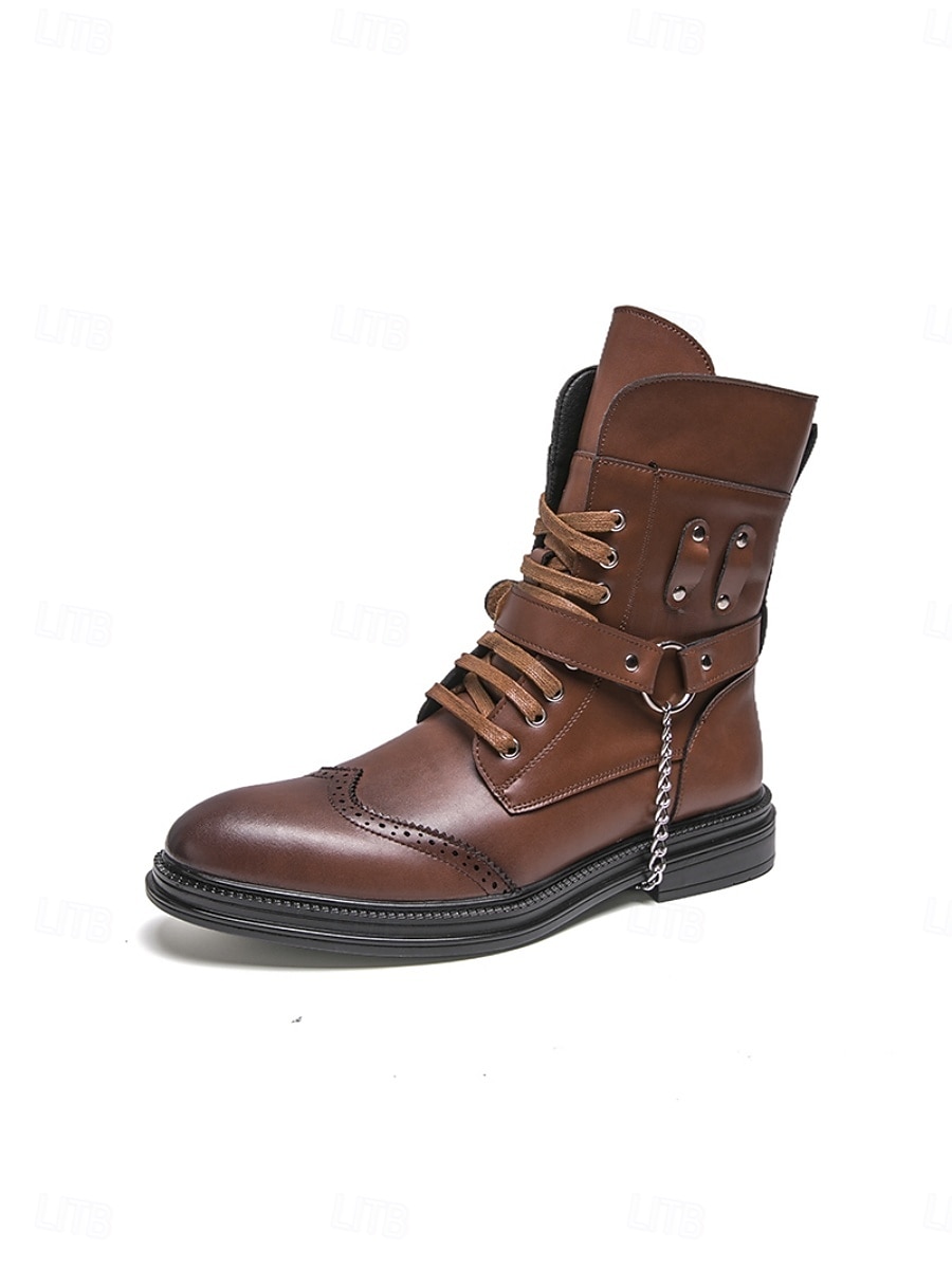 Botas de combate marrones para hombre con cordones, cremallera lateral y detalle de cadena. Botines para festivales de música, conciertos, eventos al aire libre, estilo urbano, fiestas y un estilo robusto y llamativo. 2026 - $64.99 –P7