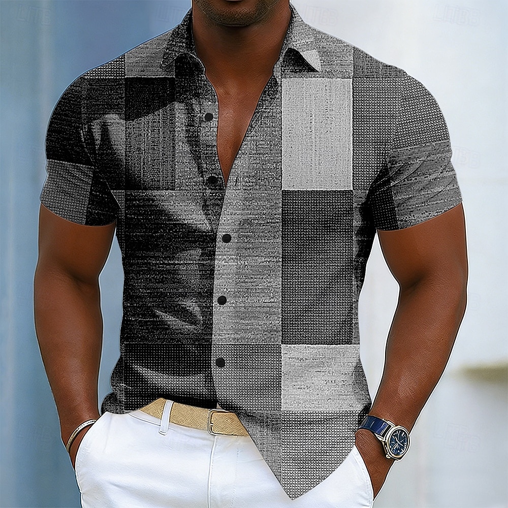 Per uomo Geometrico Blocco di colori Patchwork Camicia Camicia con Bottoni Manica Corta Moda Casual Quotidiano All'aperto Vacanza Estate Primavera Collo ripiegato Stampa 3D Camicia tipo lino Blu del 2026 a $25.99 –P4