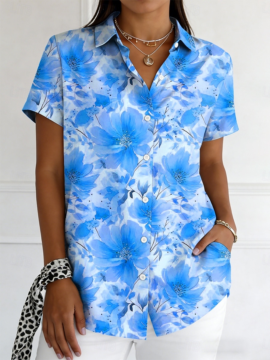 Damskie Koszula Guziki Nadruk Kwiaty Graficzny Zabytkowe Elegancki Nowoczesny Krótki rękaw Kołnierzyk koszuli Zwykłe topy Codzienny Niebieski Czerwony Fioletowy Pomarańczowy Lato Wiosna 2026 - $26.99 –P2