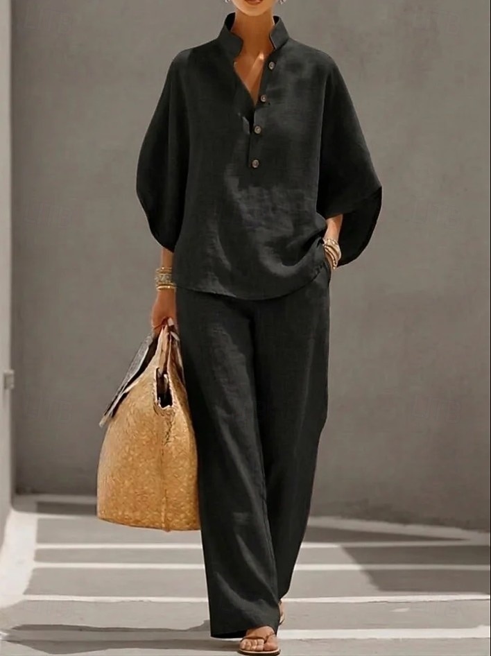 Mulheres Conjuntos de linho de algodão Manga 3/4 Colarinho Chinês Côr Sólida Diário Angustiado Casual Diário Preto Amarelo Vinho Verão Ajuste Largo de 2026 por $41.99 –P6