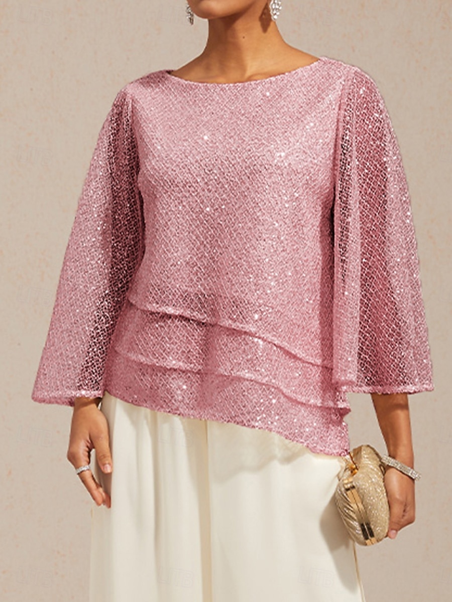 Damen Bluse Spitzentops Durchsichtige Ärmel Einfarbig Elegant Stilvoll Basic Dreiviertelarm Glockenärmel Rundhalsausschnitt Lange Oberteile Täglich Hochzeitsgast Urlaubskleidung Pudriges Rosa Sommer 2026 - $76.99 –P2