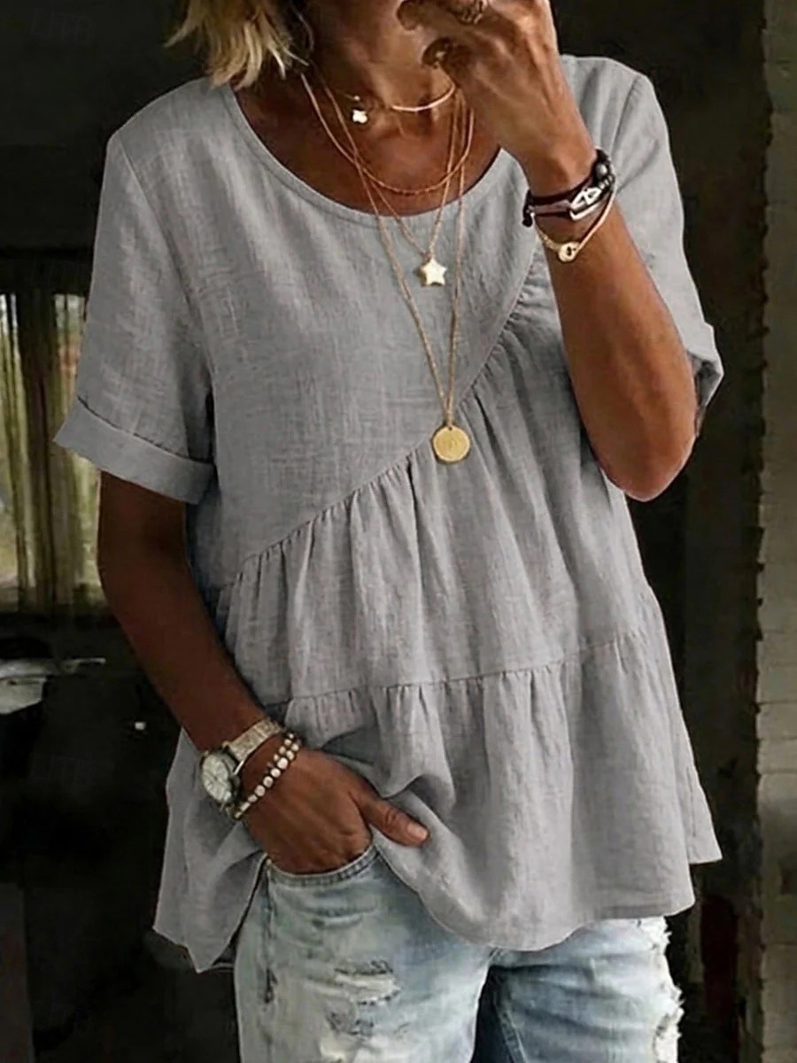 2026年 女性用 Tシャツ フェイクリネンシャツ ティートップ フリル 平織り ファッション スタイリッシュ クラシック 半袖 クルーネック レギュラートップス 日常 お出かけ 週末 ブルー ブラック ホワイト イエロー ピンク 夏 春  コレクション – $24.99 –P2