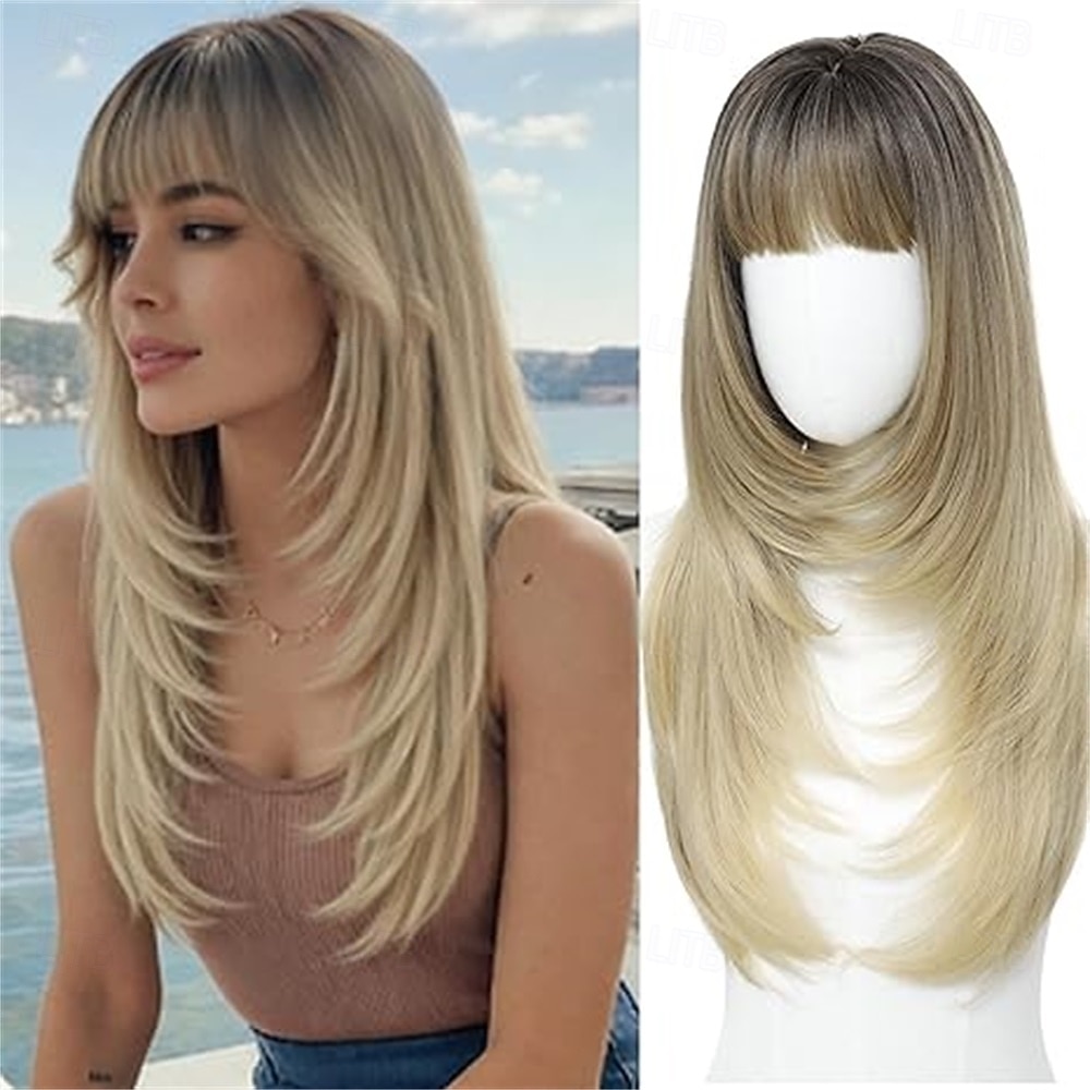 Peruca castanha com mechas e franja para mulheres, peruca castanha longa e ondulada, peruca castanha em camadas de 66 cm (26 polegadas). de 2026 por $32.99 –P3