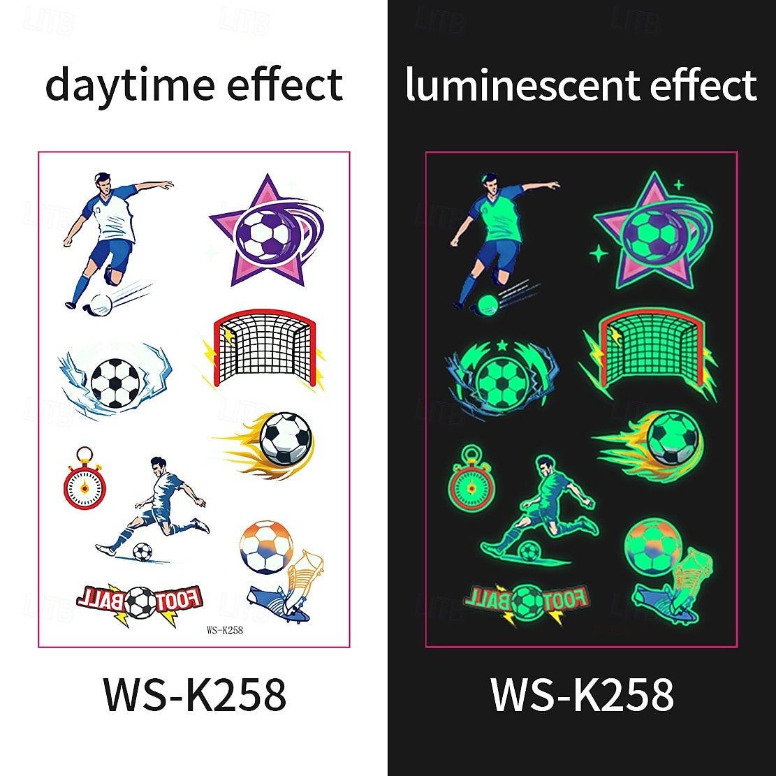 10 db sötétben világító foci ideiglenes tetoválás, neonzöld reaktív, vízálló &könnyen eltávolítható testfesték, játékosokkal, trófeákkal, lángokkal díszítve, tökéletes fociparti ajándékok &ajándékok 2026 - $9.99 –P5