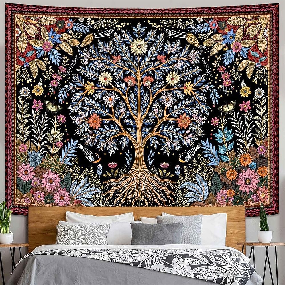 Tapiserie de perete boemă cu arborele vieții, artă populară, mandala, soare, lună, stele, grădină, model etnic floral, suspendată pentru sufragerie, dormitor, decor de cămin, fundal de artă de perete 2026 - $19.99 –P9