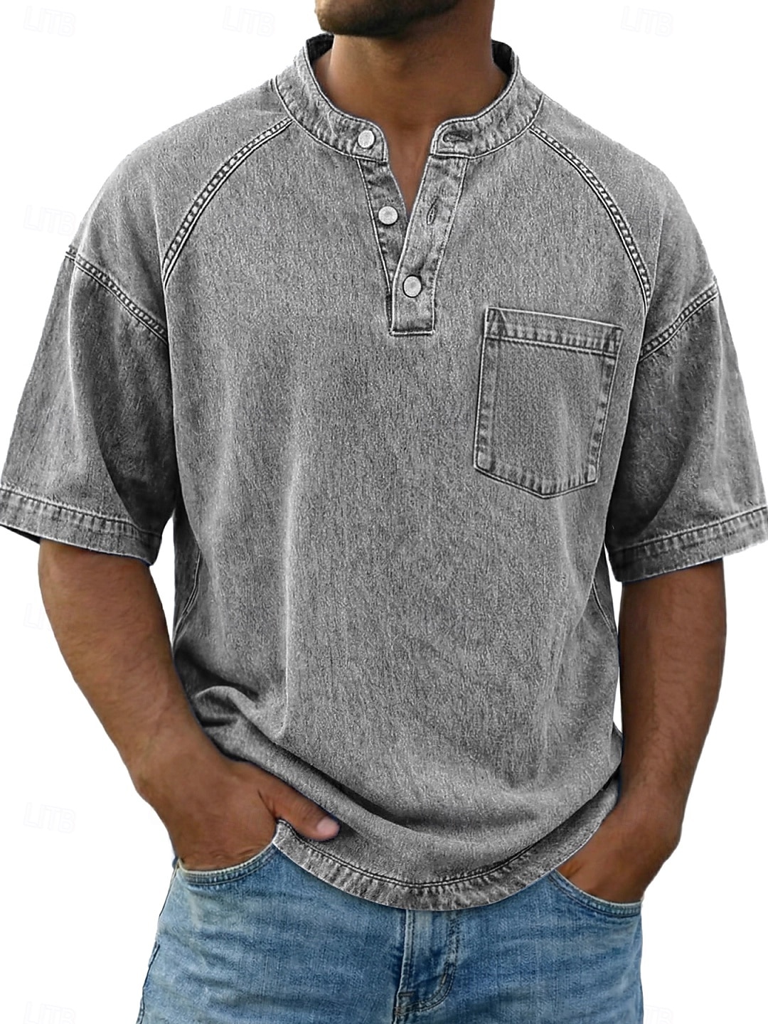 Bărbați Tricou Cămașă Demin Cămașă de spălat cu acid 100% bumbac Manșon scurt Guler de stand Henley Toamna iarna Primăvară Toamnă Simplu Epocă Șic Stradă Casual Buzunar Vopsit în haine Spălat Casual 2026 - $31.99 –P5