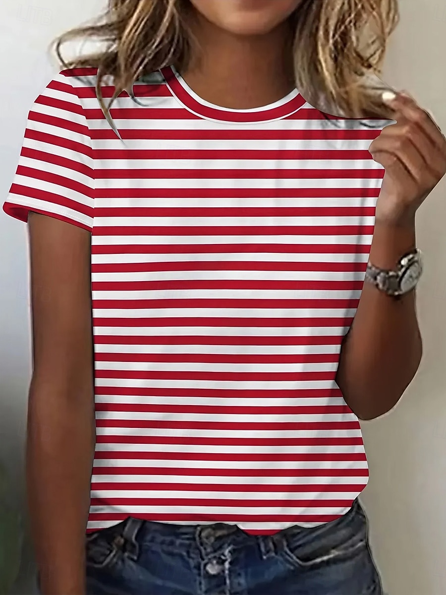 Women's T Shirt Print Striped Graphic Striped Abstract Stylish Classic Casual Short Sleeve Crew Neck Regular Tops Daily Blue Sage Green Pink Red Summer Spring 2026 - $21.99 –P4