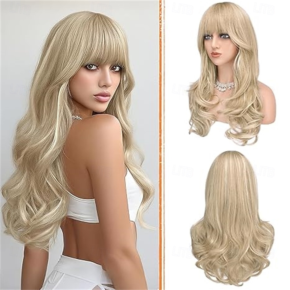 Pelucas rubias con flequillo, corte de pelo largo ondulado en capas, aspecto natural, peluca sintética esponjosa resistente al calor para mujeres, ideal para fiestas y uso diario, 24 pulgadas. 2026 - $31.99 –P5