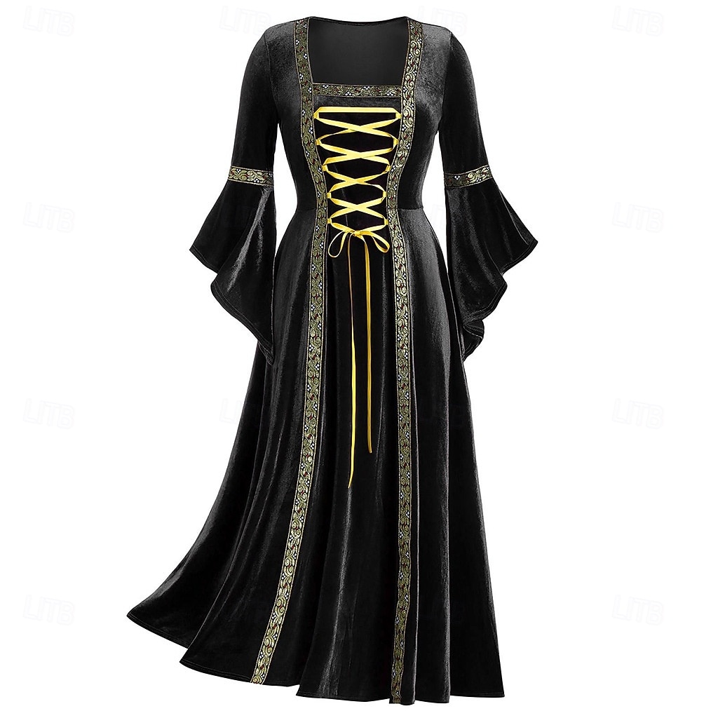 Retro Vintage Medieval Renaissance Floor Length Dress Long Sleeves ...