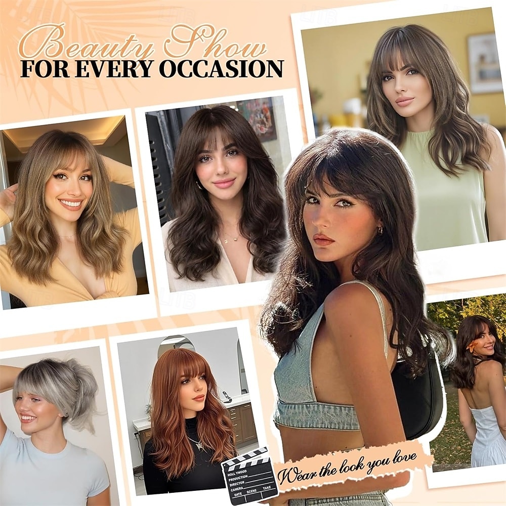 Парик омбре с челкой для женщин, коричневый, смешанный с карамельно-блондинистыми прядями, кудрявые и волнистые парики, многослойная прическа, синтетические парики для повседневной носки и вечеринок, 2026 - $25.99 –P3