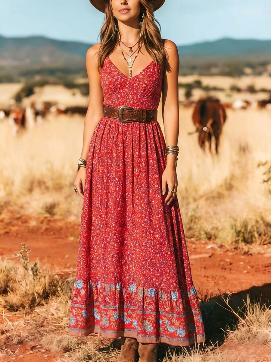 Damen Maxikleid Boho-Kleid Freizeitkleid Unterkleid Elegant Mode Modern Outdoor Urlaub Ausgehen Normale Passform Blumen Ärmellos V Ausschnitt Schwarz Rote Beige Sommer Frühling 2026 - $28.99 –P2