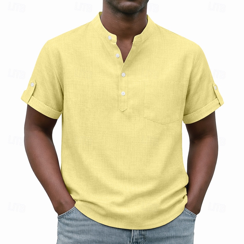 Men's Shirt Popover Shirt Casual Shirt Button Up Shirt Light Pink Black Yellow Light Green Pink Short Sleeve Plain Grandad Collar Casual Daily Clothing Apparel Elegant Fashion Casual 2026 - $26.99 –P3