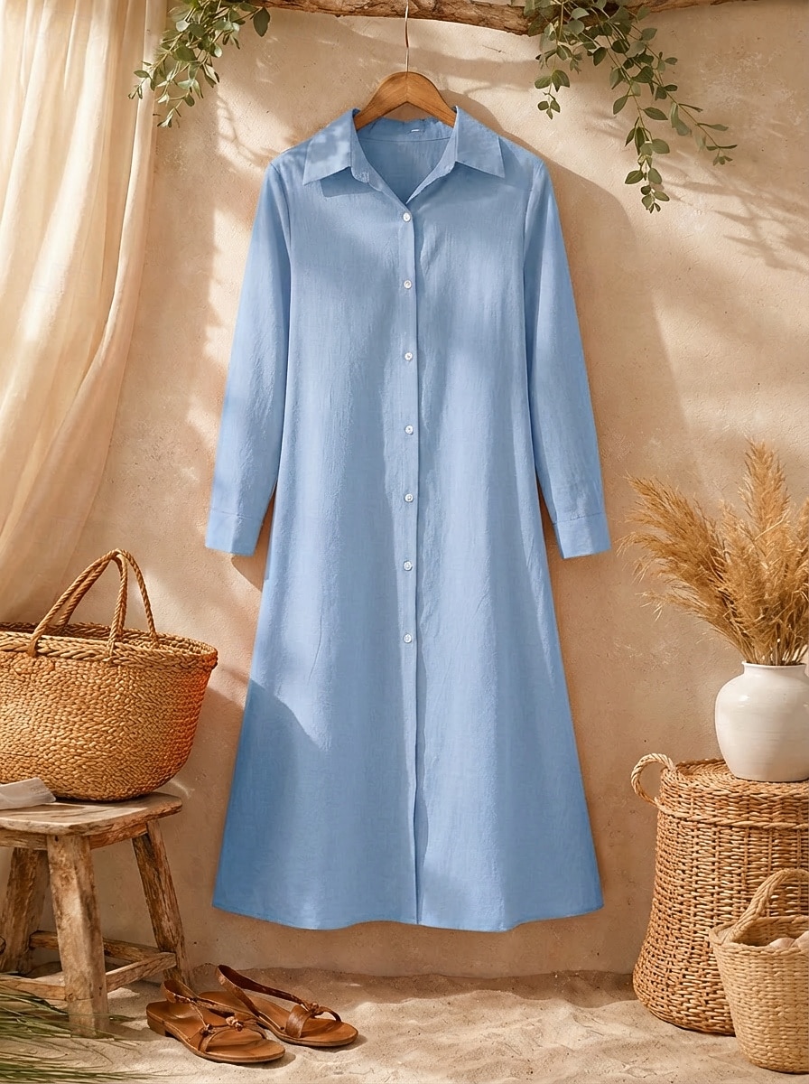 Women's Midi Dress Linen-feel Dresses Shirt Dress Casual Dress A Line Dress Fashion Basic Modern Daily Vacation Going out Regular Fit Plain Long Sleeve Shirt Collar Blue Black Wine Orange Spring Fall 2026 - $27.99 –P5