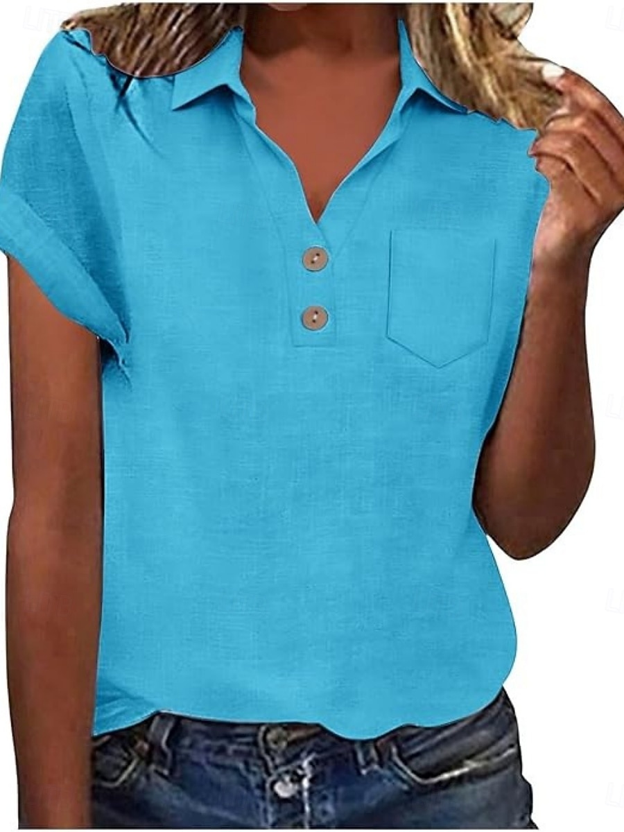 Women's Shirt Blouse Cotton Shirt Buttons Solid Color Vintage Classic Modern Short Sleeve Shirt Collar Regular Tops Daily Holiday Going out White Yellow Navy Blue Sky Blue Light Blue Summer Spring 2026 - $22.99 –P9