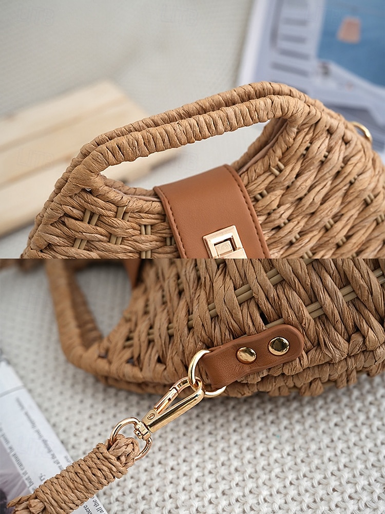 Damväska i vävd stråaxelrem, beige och khakifärger, lätt sommarväska med justerbar rem, bohemisk chic-stil, perfekt för semester, resor och vardagsbruk 2026 - $26.99 –P10