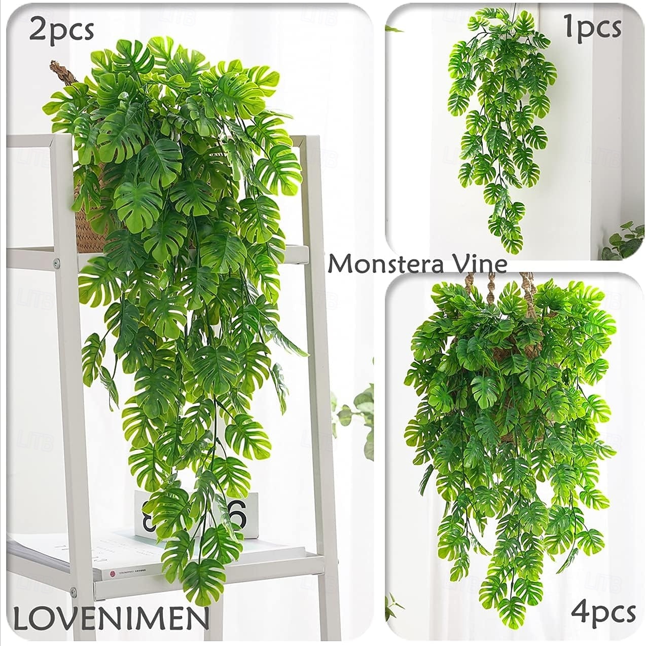 Paquete de 4 enredaderas colgantes artificiales, hojas de monstera falsas, hiedra, hojas de jungla, plantas de palma tropical, ratán para plantas de interior, hogar, cocina, jardín, pared exterior, 2026 - $16.99 –P2