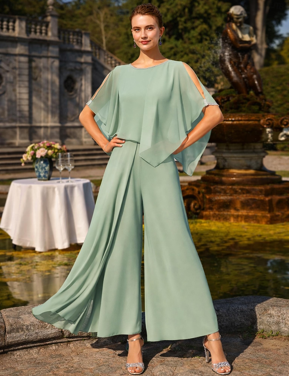 Combinaisons Longueur cheville Robe de Mère de Mariée  Sans manches Col Rond Élégant Fête Formel robe demoiselle d honneur Chiffon avec Perlage de 2026 ? $136.99 –P1