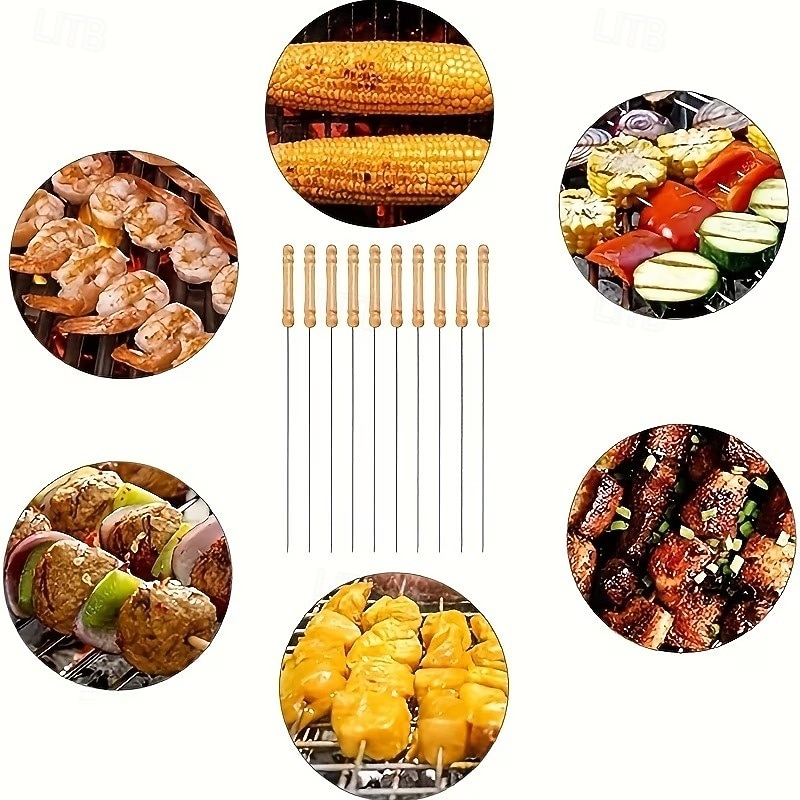 20 stuks barbecuespiesen, multifunctionele roestvrijstalen spiesen met houten handvatten, barbecueprikkers, benodigdheden voor buitenkoken en barbecueën van kippenvleugels en ander vlees. 2026 - $11.99 –P6