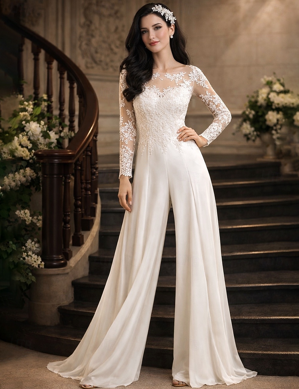 Strandhochzeit Halle Lässige Hochzeitskleider Jumpsuits Illusion Hals Langarm Bodenlang Chiffon Brautkleider Mit Applikationen 2026 - $164.99 –P3