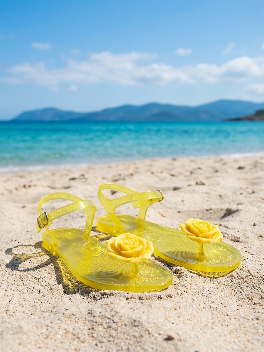 Sandales en plastique jaune pour femmes - sandales de plage romantiques et imperméables avec décoration de roses en 3D &Bride de cheville ajustable pour les vacances d'été, les escapades sur les îles de 2026 ? $24.99 –P5